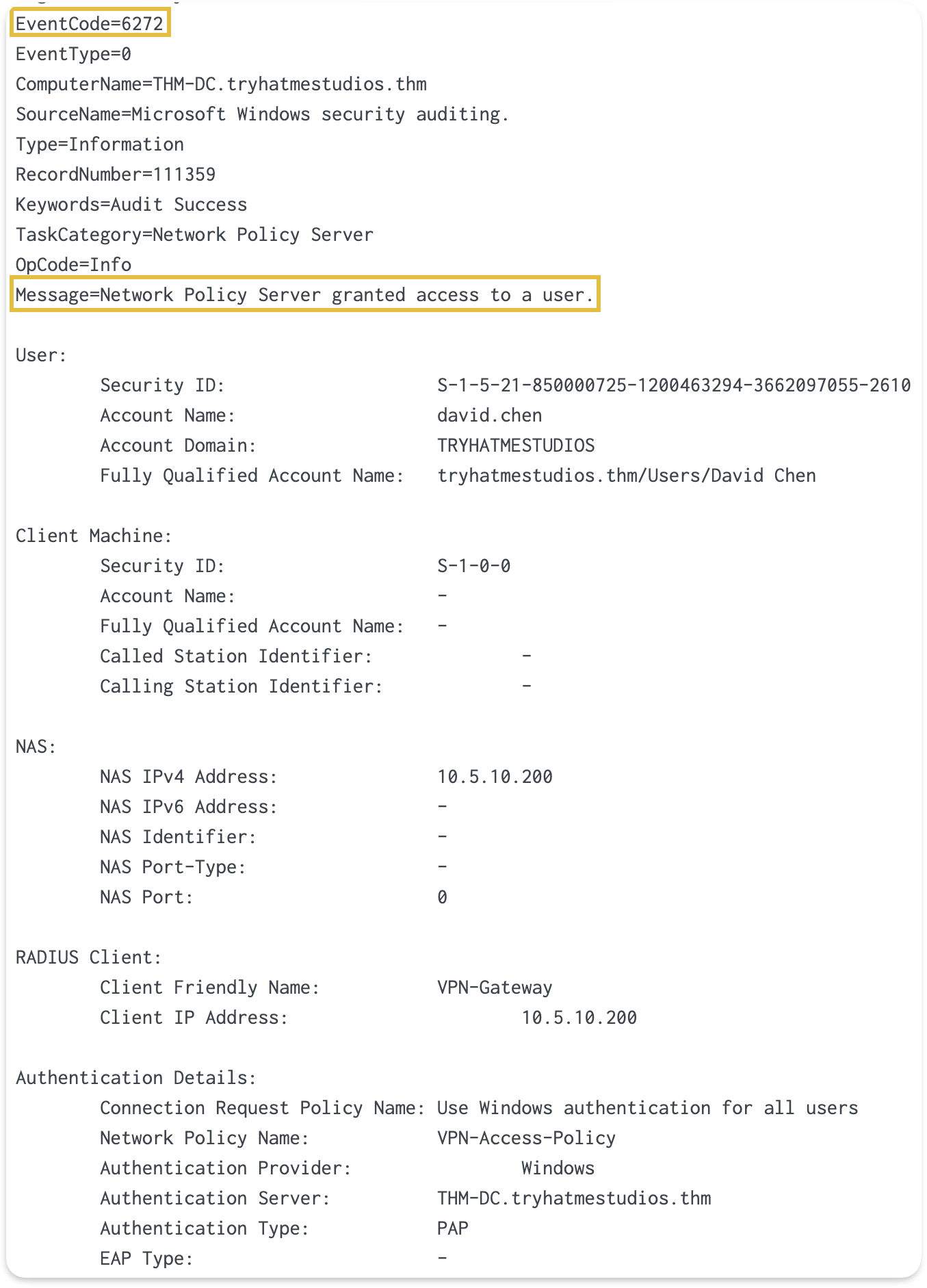 NPS Event 6272 log entry showing successful VPN authentication