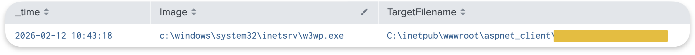 Sysmon file creation event showing web shell deployment timestamp