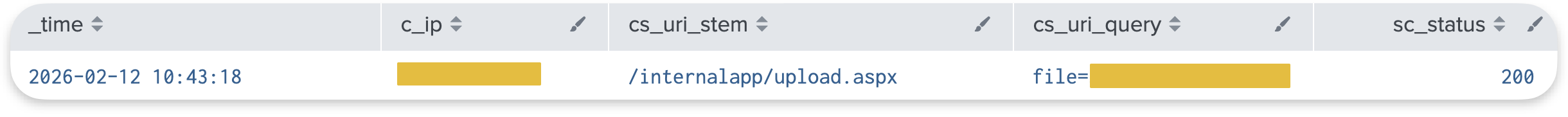 IIS log entry showing the POST request used to upload the web shell