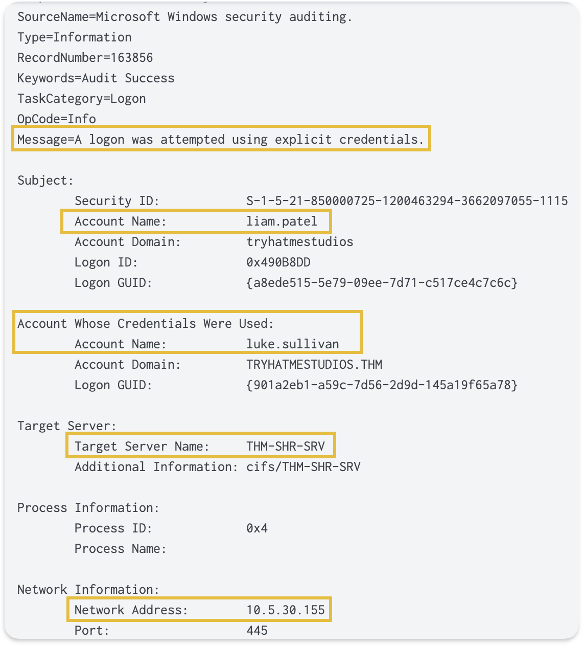 Event 4648 showing explicit credential usage with original account liam.patel and alternate account luke.sullivan