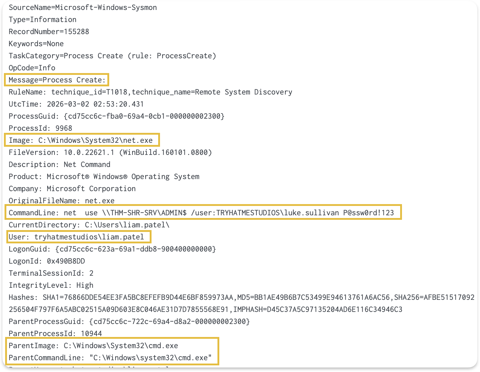 Sysmon Event 1 showing net use command with target server, account, and password in the CommandLine field