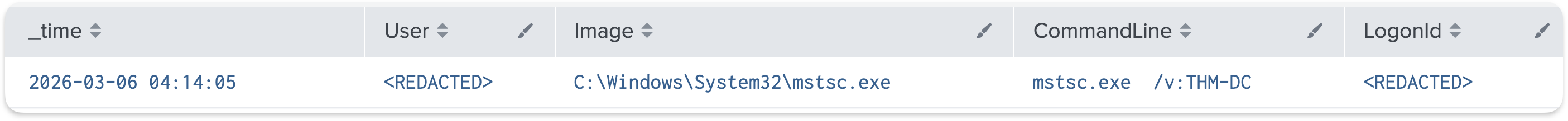 Sysmon Event 1 showing mstsc.exe process on the intermediate server confirming outbound RDP connection