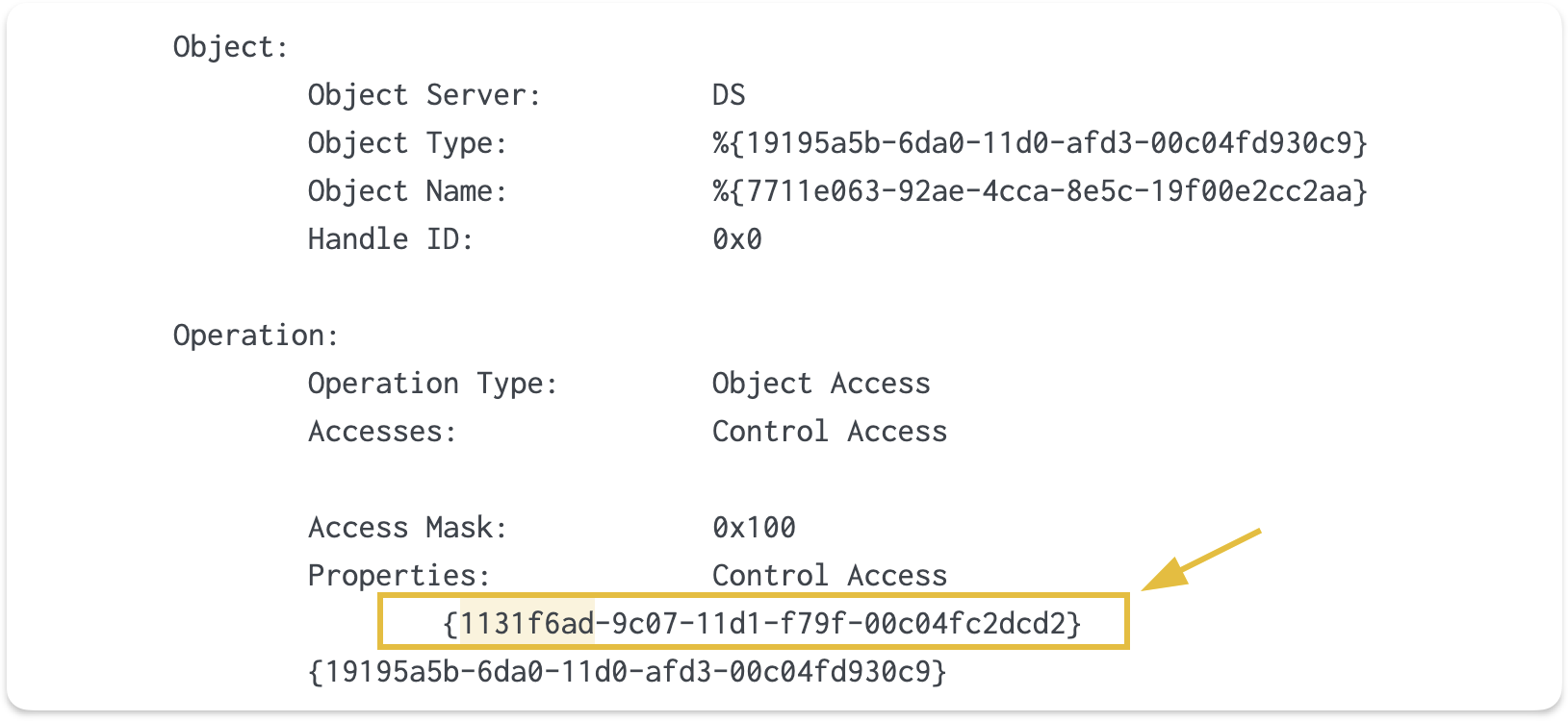Expanded Splunk event showing the raw log details with the replication GUID 1131f6ad highlighted under the Properties section
